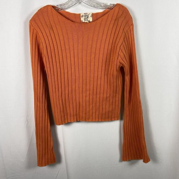 Hippie Rose Women’s Crop Sweater Orange Ribbed Sz L Open Neck Boho Long Sleeve - Picture 1 of 11